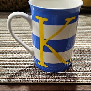 Kent Pottery Striped Ceramic Coffee Mug Yellow Letter K 12 fl oz Blue/White